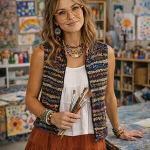 Chicos Bohemian Vest Sz 2 Multicolored Sleeveless Embroidered Art Teacher Color